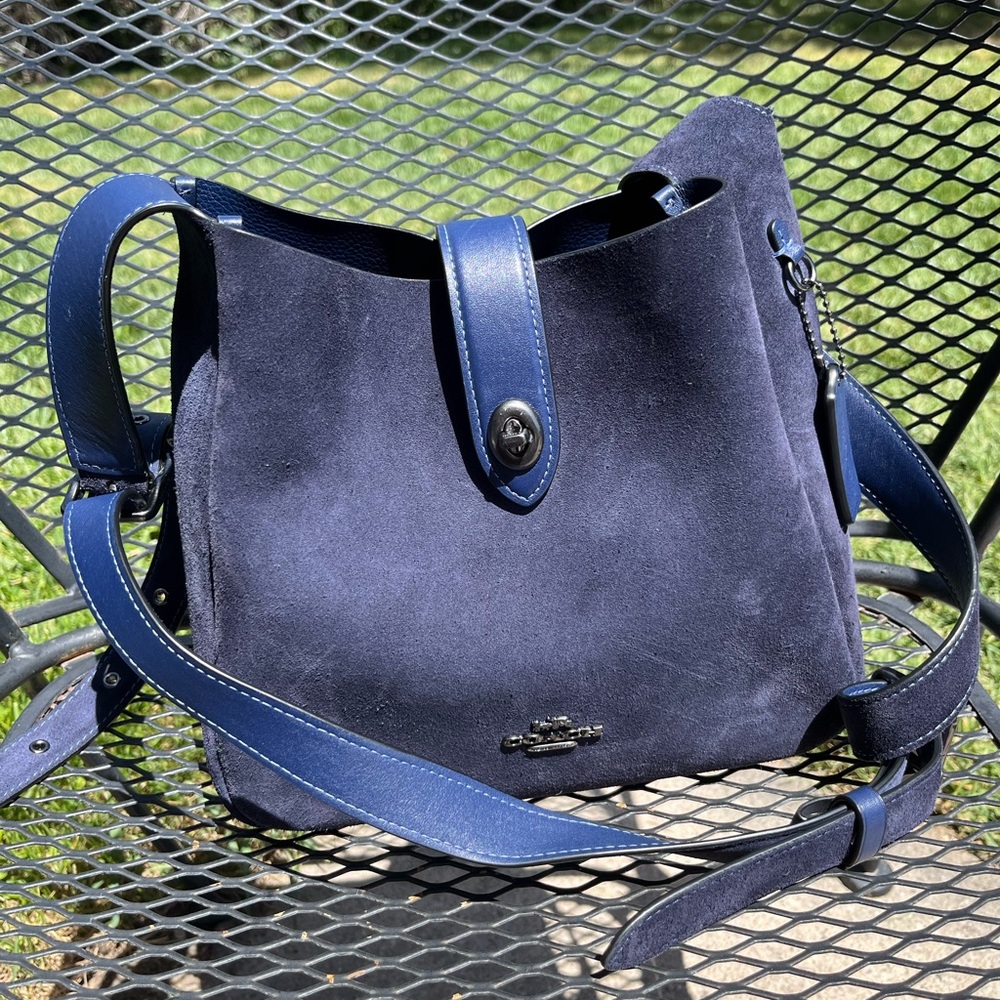 Coach Navy Suede Shoulder Bag with Blue Leather Trim